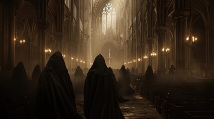 As the organ pipes sound with a deep ominous tone a procession of robed figures makes their way down the aisle their faces hidden under cloaks adding to the cathedrals eeri - obrazy, fototapety, plakaty