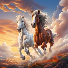 classic 2 horses brown and white painting galloping  - obrazy, fototapety, plakaty