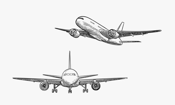 Plane flies in sky clouds, vector sketch illustration. Air travel, tourism flight, plane tickets booking hand drawn isolated design elements