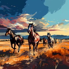 wall art painting with a herd of horses racing through the broad grassland in blue sky view - obrazy, fototapety, plakaty