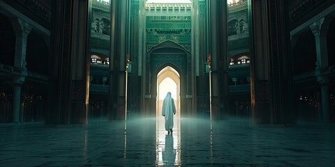 Ephemeral Journey: A Solitary Figure in Candescent Attire Navigates the Sacred Halls of Mecca, Engulfed in a Symphony of Dark Green, Gold, Pink, and Deep Sapphire - obrazy, fototapety, plakaty