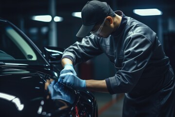 Car service worker applies nano coating on car detail.
