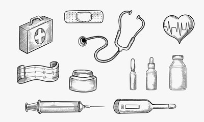 First aid kit vector sketch illustration. Medicine and healthcare hand drawn icons and design elements.