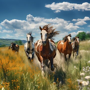 wall art painting with a herd of horses racing through the broad grassland in blue sky view