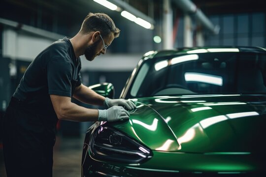 Car service worker applies nano coating on car detail.