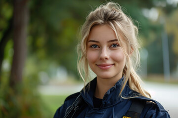 Blonde woman wearing Emergency Services Dispatcher uniform on duty