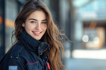 Brunette woman wearing Emergency Services Dispatcher uniform on duty