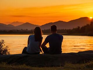Silhouettes behind a couple, sitting on the riverbank watching the beautiful sunset, along the mountains.