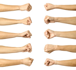 Fist. Multiple images set of female caucasian hand with french manicure showing fist gesture