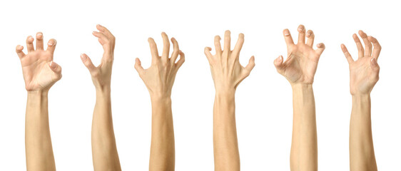 Scratch, catch or grab something. Multiple images set of female caucasian hand with french manicure showing Scratch gesture