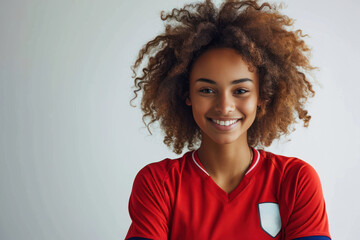 Afro woman wearing soccer player or supporter attribute uniform
