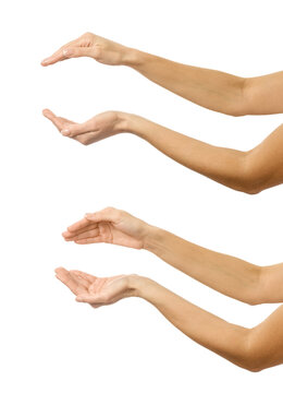 Cupped hands. Multiple images set of female caucasian hand with french manicure showing Cupped hands gesture