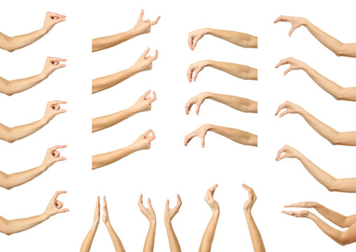Hands measuring invisible items gesture. Multiple images set of female caucasian hand with french manicure Hands measuring something