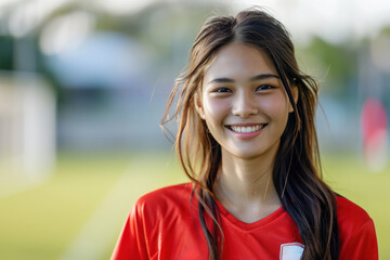 Asian woman wearing soccer player or supporter attribute uniform