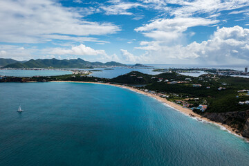 Fototapeta premium Aerial drone photos of islands in the Caribbean with blue sky and ocean