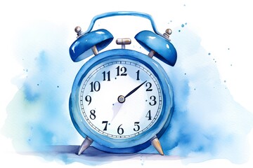 Blue alarm clock on a blue watercolor background. Watercolor illustration.