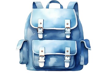 Obraz premium Watercolor blue backpack isolated on white background. Watercolor illustration.