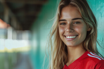 Obraz premium Blonde woman wearing soccer player or supporter attribute uniform