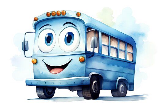 cartoon bus isolated on white background - watercolor illustration for children