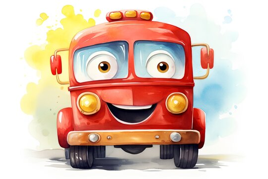 cartoon funny red school bus on white background - illustration for children