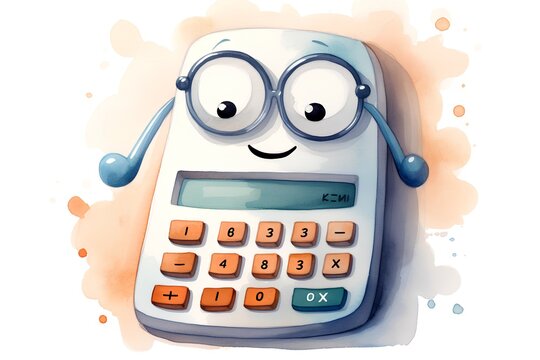 cartoon happy calculator with glasses on white background, watercolor illustration