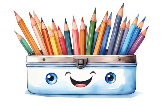 Pencil box with pencils isolated on white background. Watercolor illustration