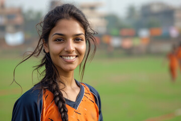 Indian woman wearing soccer player or supporter attribute uniform - obrazy, fototapety, plakaty