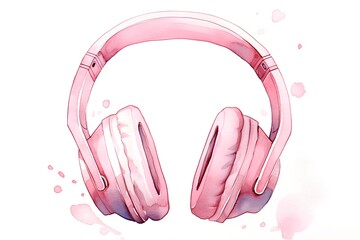 Pink headphones with watercolor splashes. Hand drawn illustration on white background.