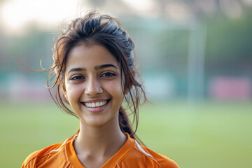 Indian woman wearing soccer player or supporter attribute uniform