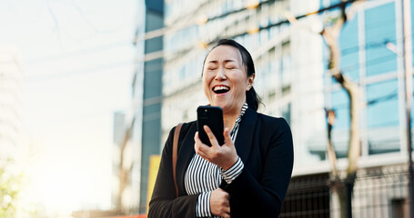 Japanese woman, phone call and funny in city with laugh, chat and networking on metro sidewalk....
