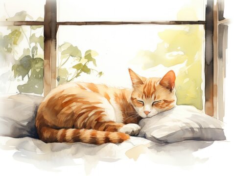 Watercolor Painting of Cat Sleeping on Pillow