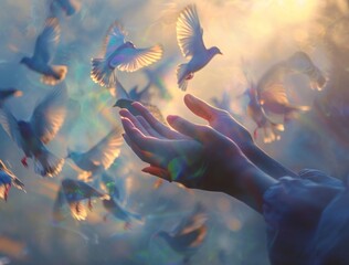 Heavenly Embrace: Intertwined Souls Bathed in Divine Radiance, Their Union Blessed by Soaring Birds, a Symphony of Light and Love