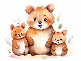 Watercolor Painting, Mother Bear With Two Cubs in a Natural Setting. Watercolor illustration.