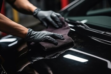 Unrecognizable man applying ceramic coating to car. Professional car detailing.