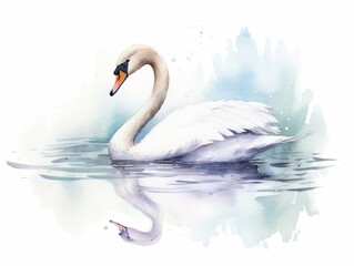 Majestic White Swan Gracefully Gliding on Calm Water. Watercolor illustration.