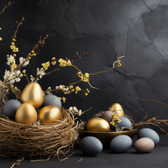 Osterdekoration mit schwarzen und goldenen Eiern ine einem Korb, Schwarzer Schieferähnlicher Hintergrund