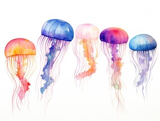 Naklejka premium Group of Jellyfish Floating in Water. Watercolor illustration. White background.