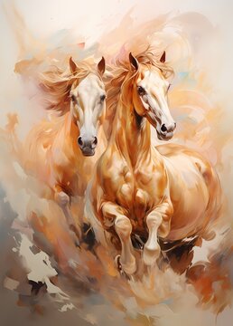 acrylic style horses painting in beige and classic white color tone