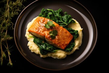 Delicious salmon with mashed potatoes and greens