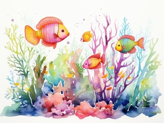 Obraz na płótnie Canvas Watercolor Painting of Fish and Corals, A Colorful Underwater Scene