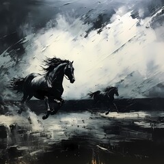 wall art painting with dark black horse racing in the fog