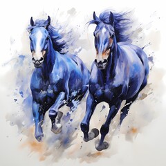 Painting style illustration of 2 horse racing along side,, strong stroke,  in complete indigo blue color 