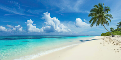 Fototapeta na wymiar Tropical paradise beach, sand, ocean, beautiful oceans scape view horizon background, generated ai