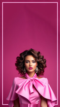 a fashion model girl in pink neon lights background.