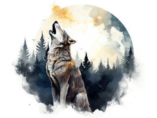 Majestic Wolf in Front of Full Moon. Watercolor illustration.