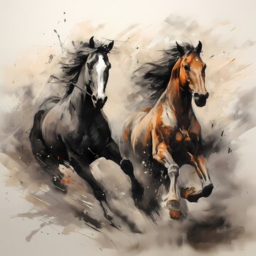 two stanging horses battling, Simple charcoal lines, smoky background, in color painting