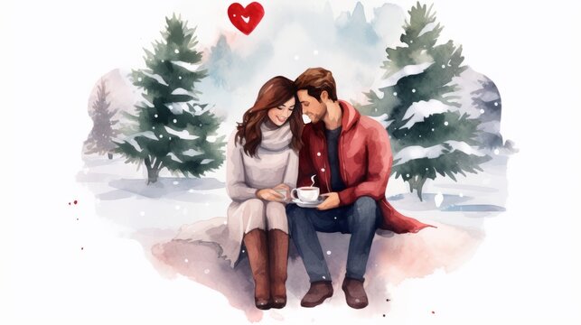 A loving couple couple sits on a puff near a Christmas tree and drinks hot chocolate isolated on white background.Christmas.New Year and love story watercolor postcard,poster,card,illustration.. valen