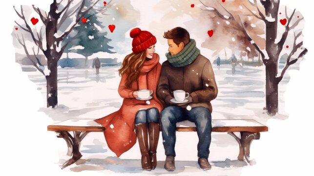 A loving couple couple sits on a puff near a Christmas tree and drinks hot chocolate isolated on white background.Christmas.New Year and love story watercolor postcard,poster,card,illustration.. valen - Powered by Adobe