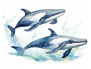 Two Dolphins Swimming in the Water, Ocean Marine Mammals Jumping Together. Watercolor illustration.