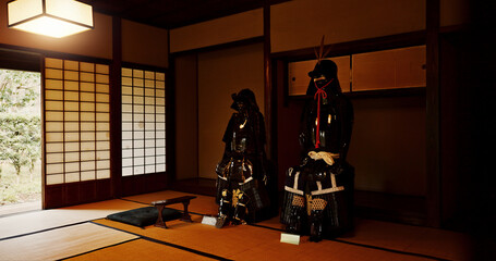 Japan, armor and warrior of samurai gear, statue or protection for tradition or culture. Empty room...